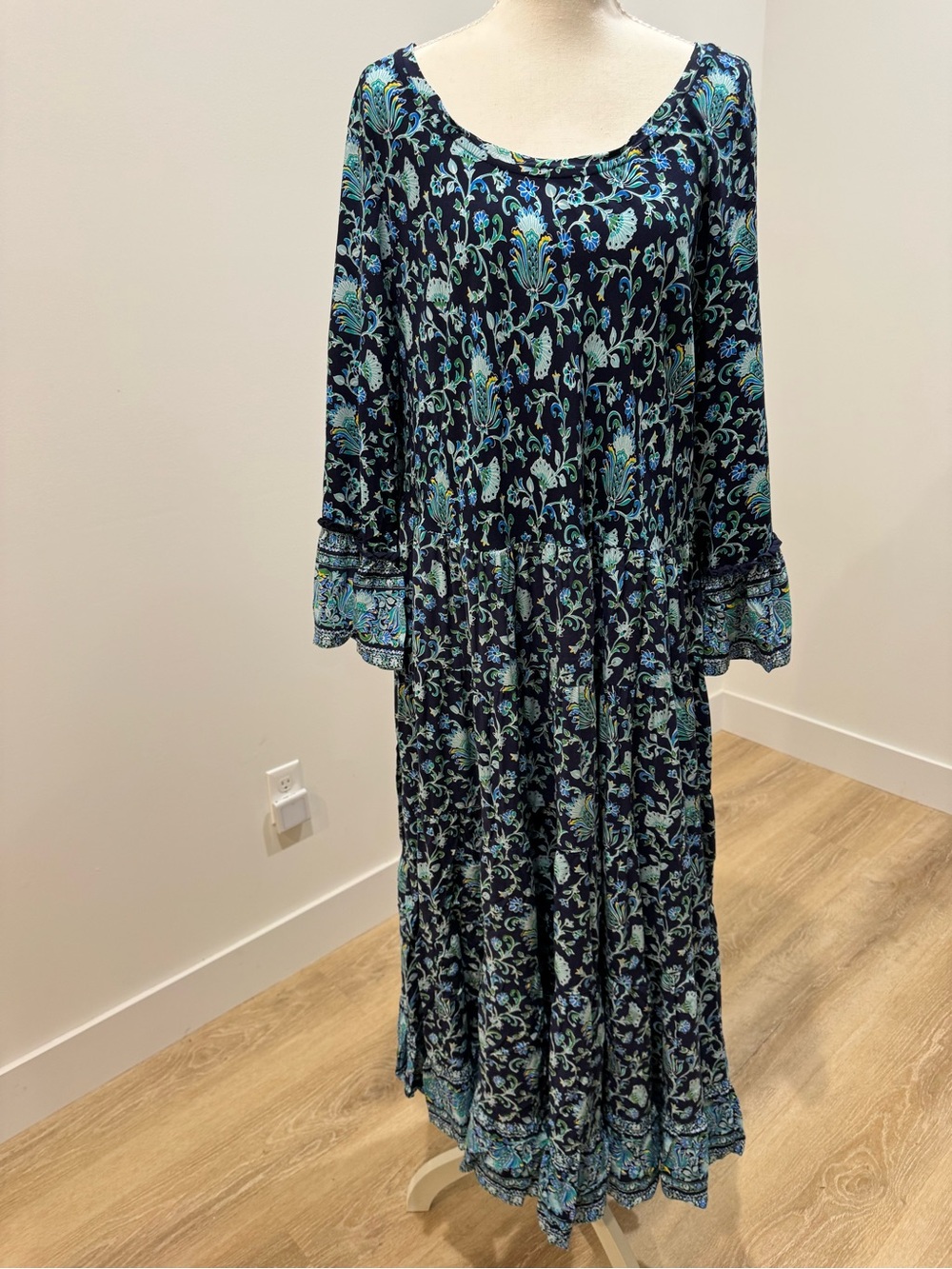 Soft Surroundings Navy Maxi Skirt with Aqua Floral Print 2XL NEW BOHO COTTAGE - Picture 2 of 7